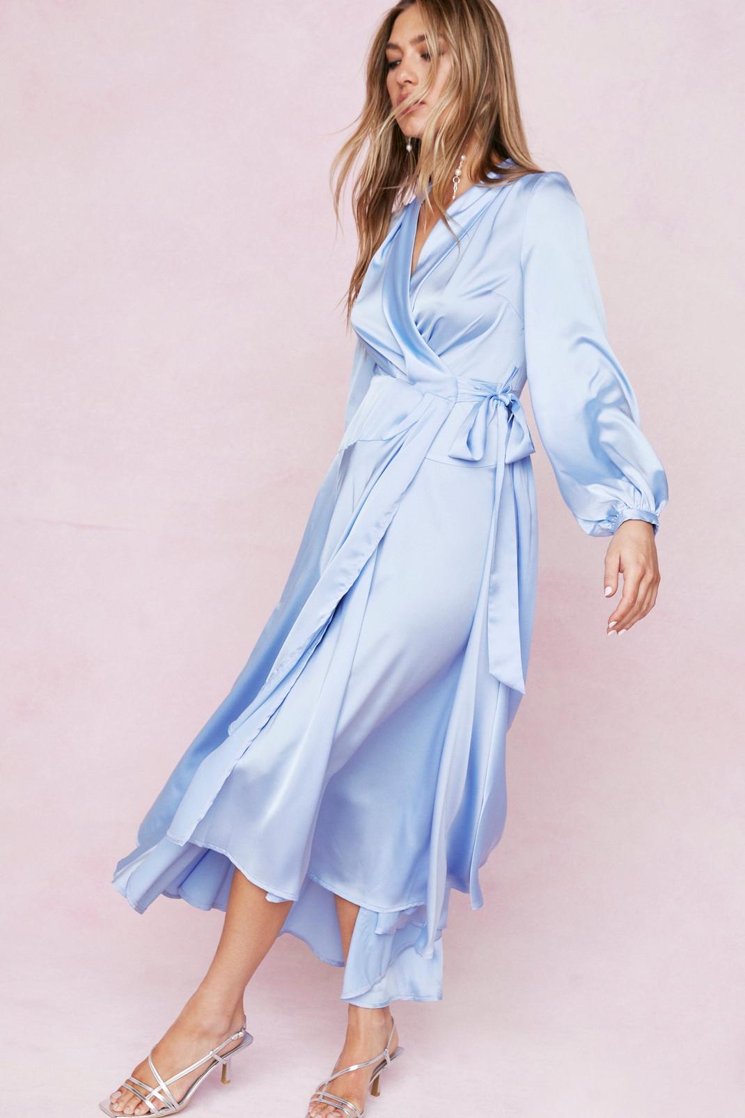 Bright blue Satin Long Sleeve Maxi Wrap Dress image number 1