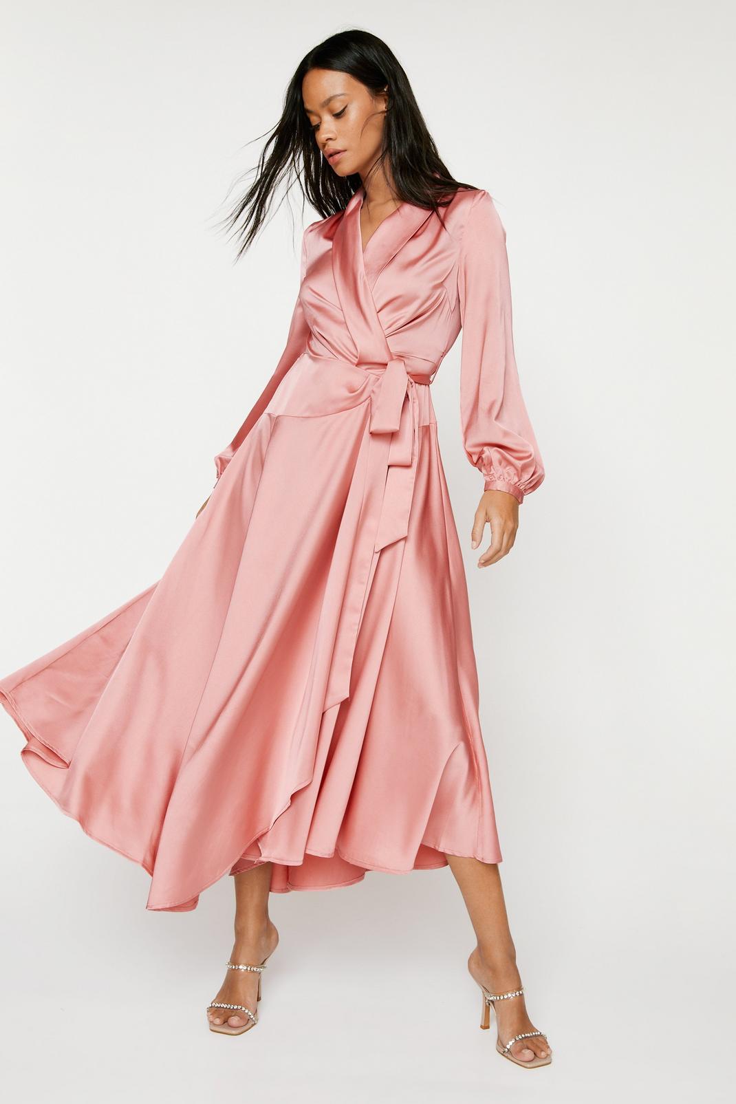 Dusky pink Satin Long Sleeve Maxi Wrap Dress image number 1