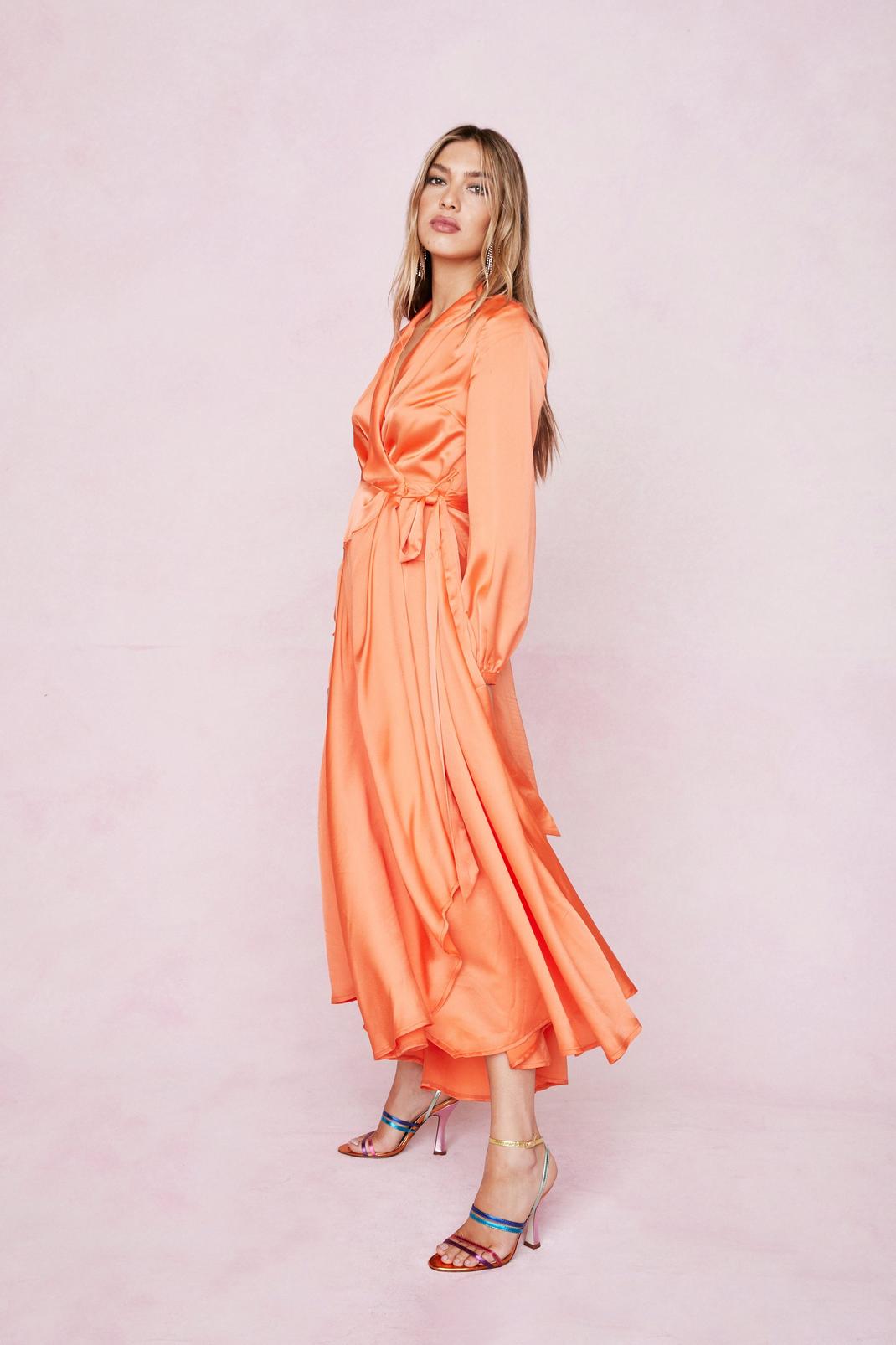 Orange Satin Long Sleeve Maxi Wrap Dress image number 1