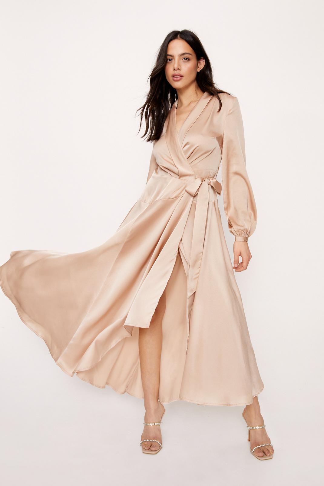 Rose Satin Long Sleeve Maxi Wrap Dress image number 1