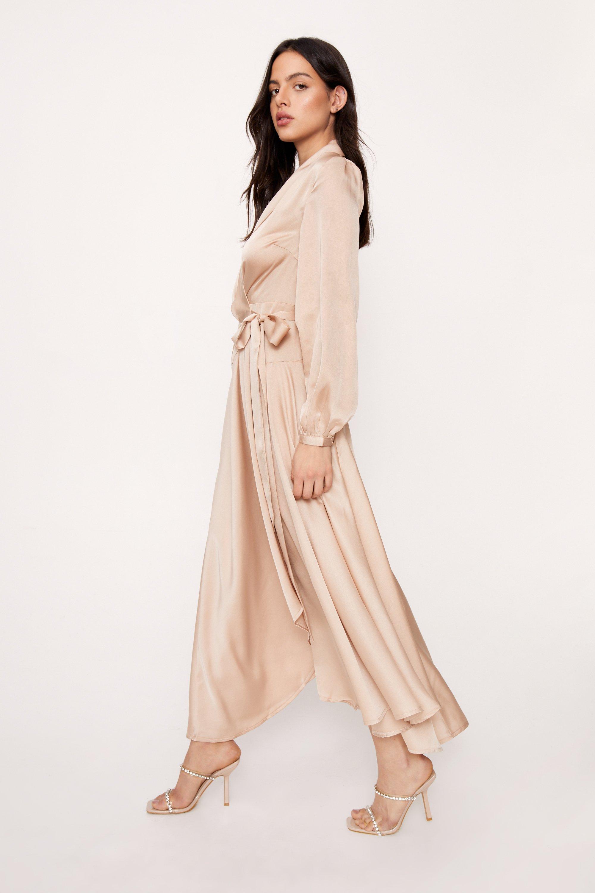 Satin Long Sleeve Maxi Wrap Dress