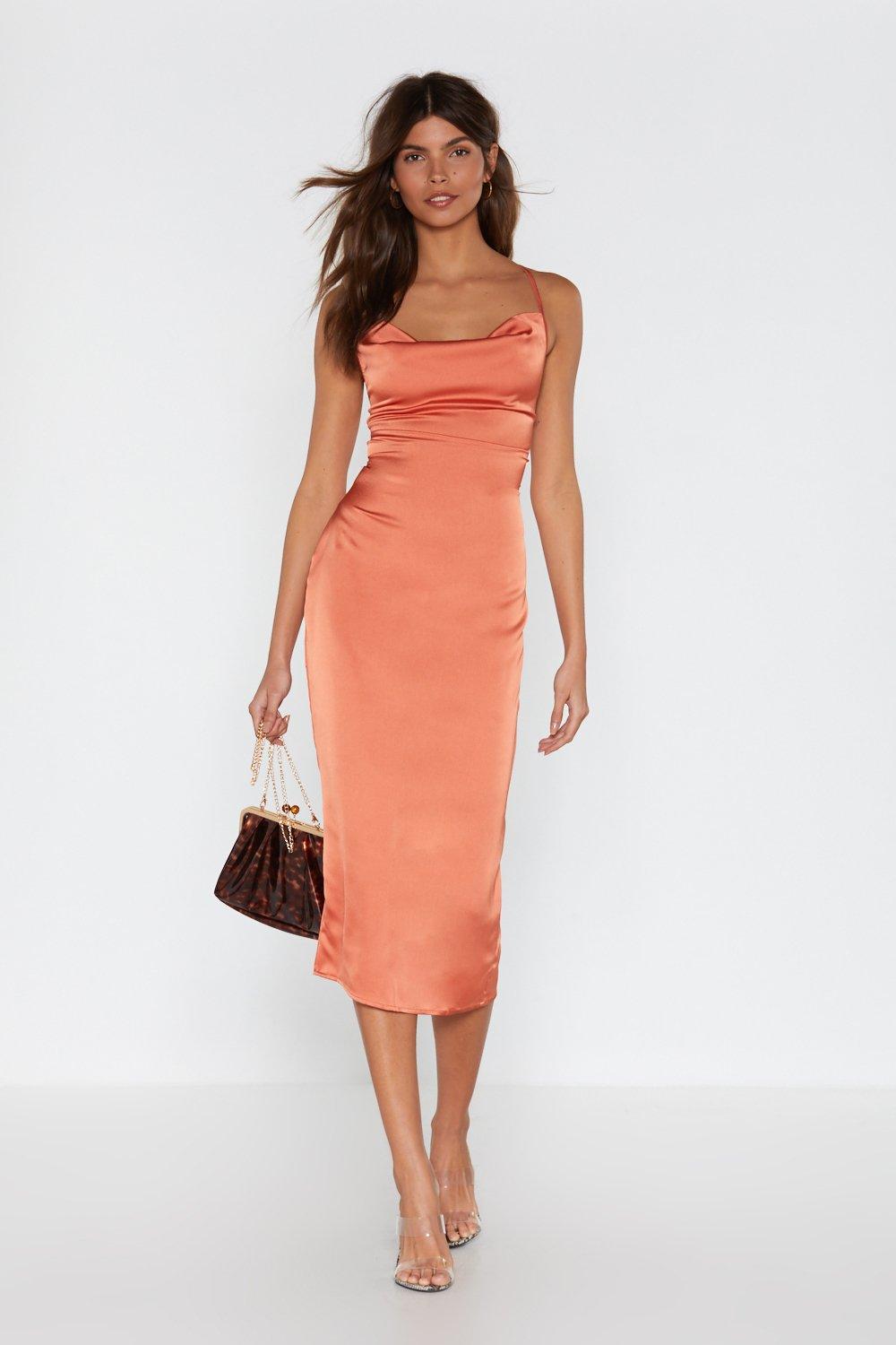 rust satin cowl neck dress