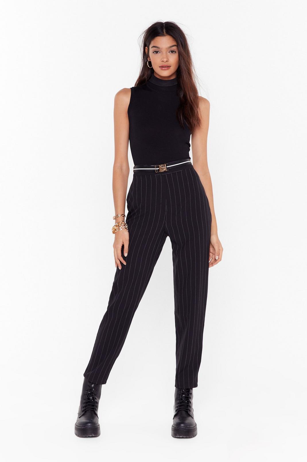 Black Pinstripe High Waisted Tapered Pants image number 1