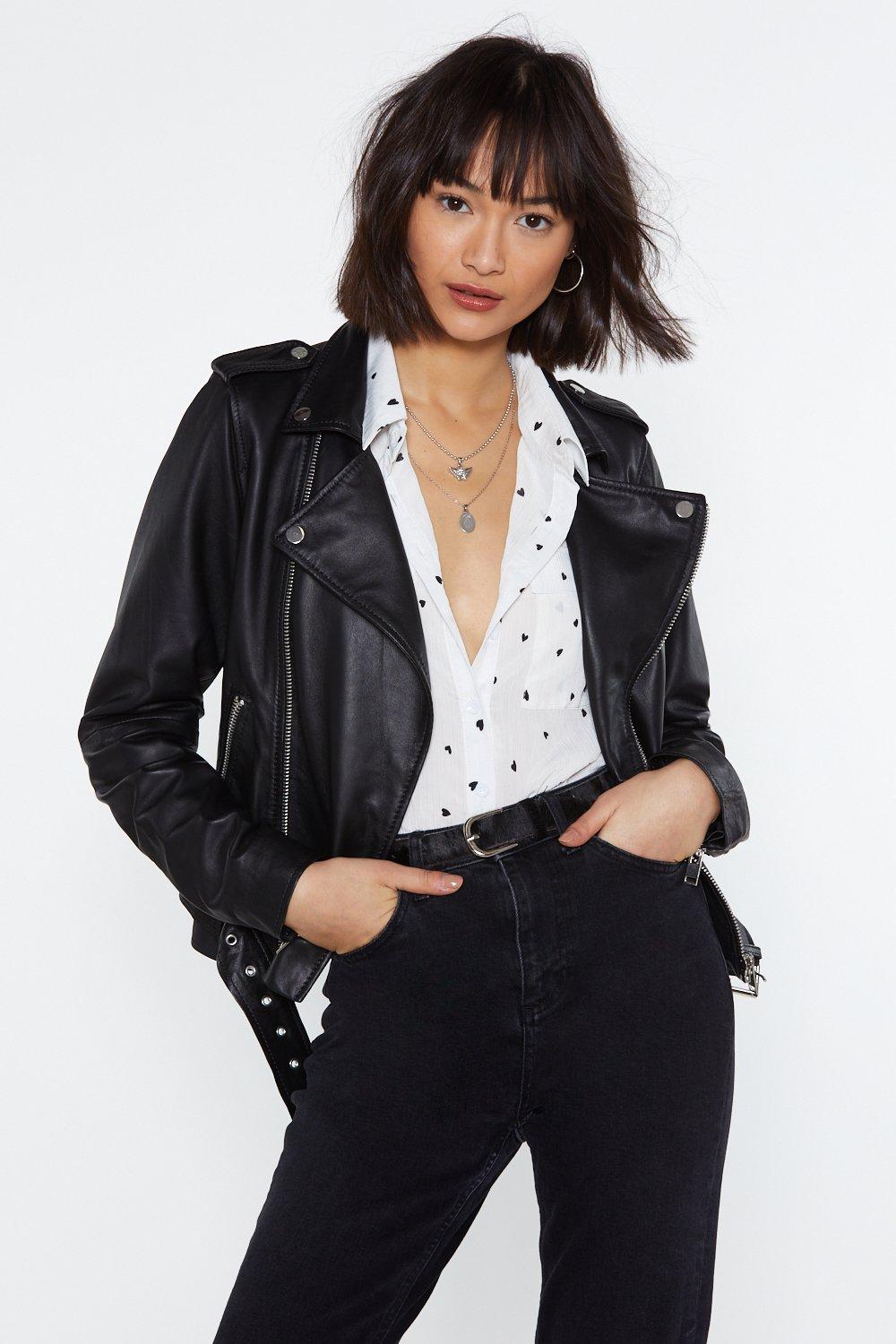 leather belted moto jacket