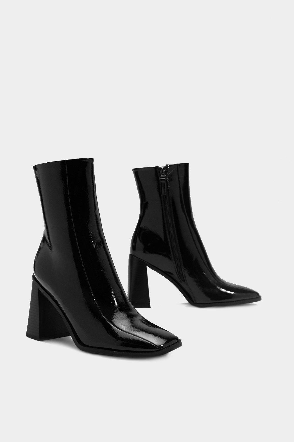 square up patent faux leather boot