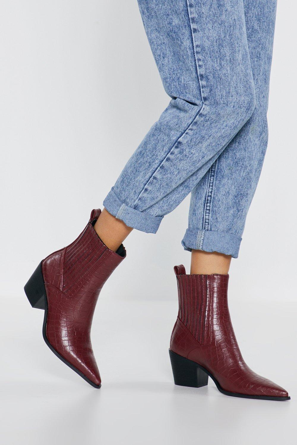 burgundy croc booties