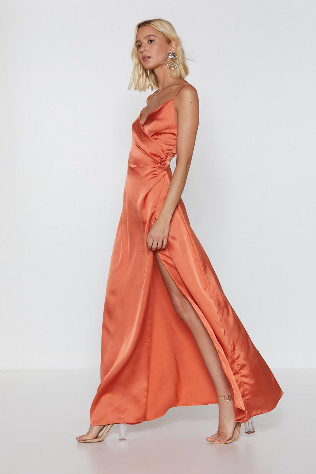 Burnt orange Satin V Neck Slit Side Maxi Dress image number 1