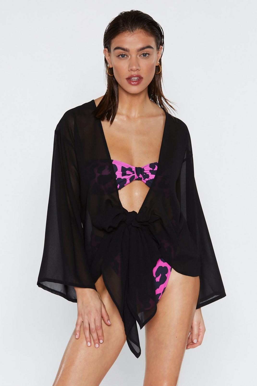 Black Chiffon Bell Sleeve Tie Front Beach Top image number 1