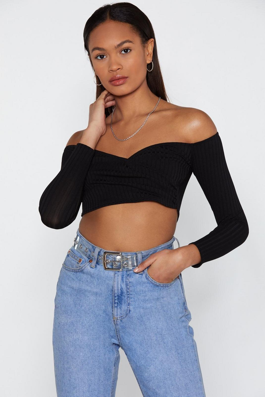 Be There Shortly Ribbed Off-the-Shoulder Crop Top image number 1
