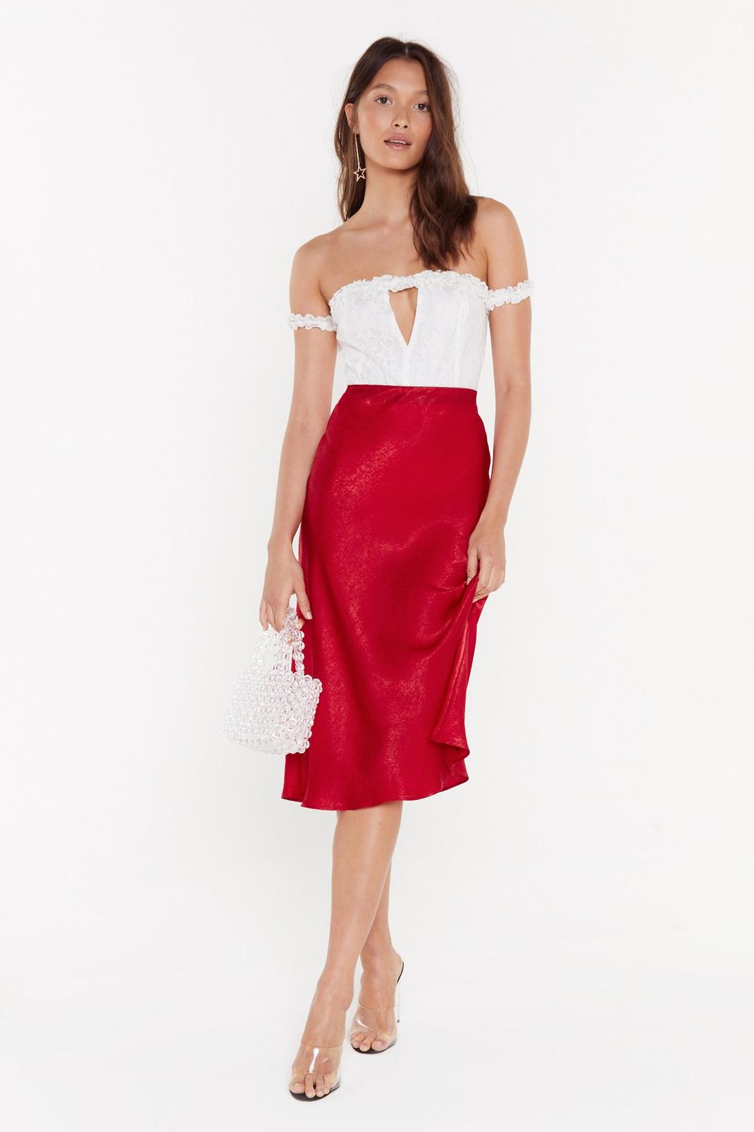 Red Satin Mid Rise Midi Skirt image number 1