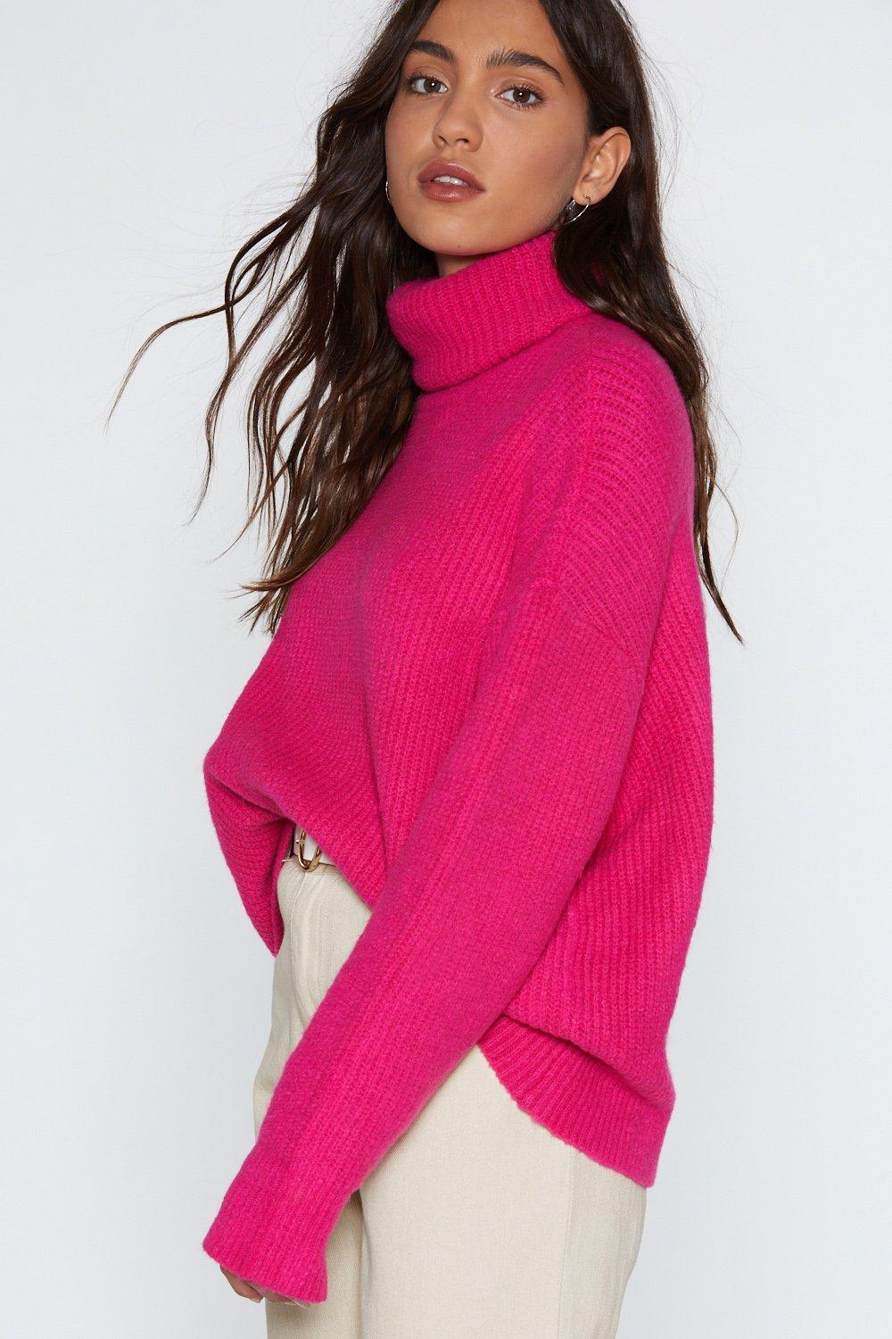 pink turtleneck sweater