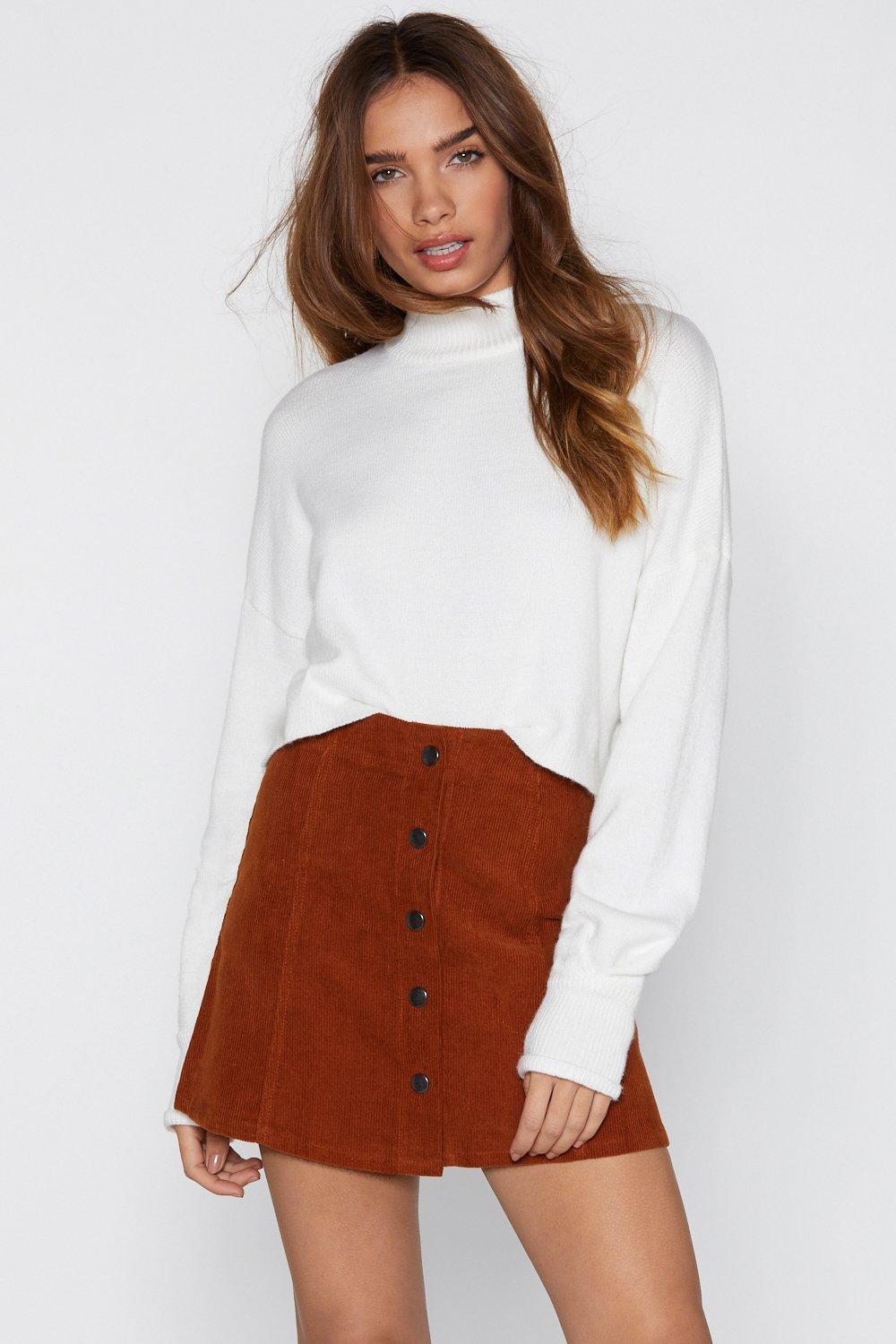 red corduroy button down skirt
