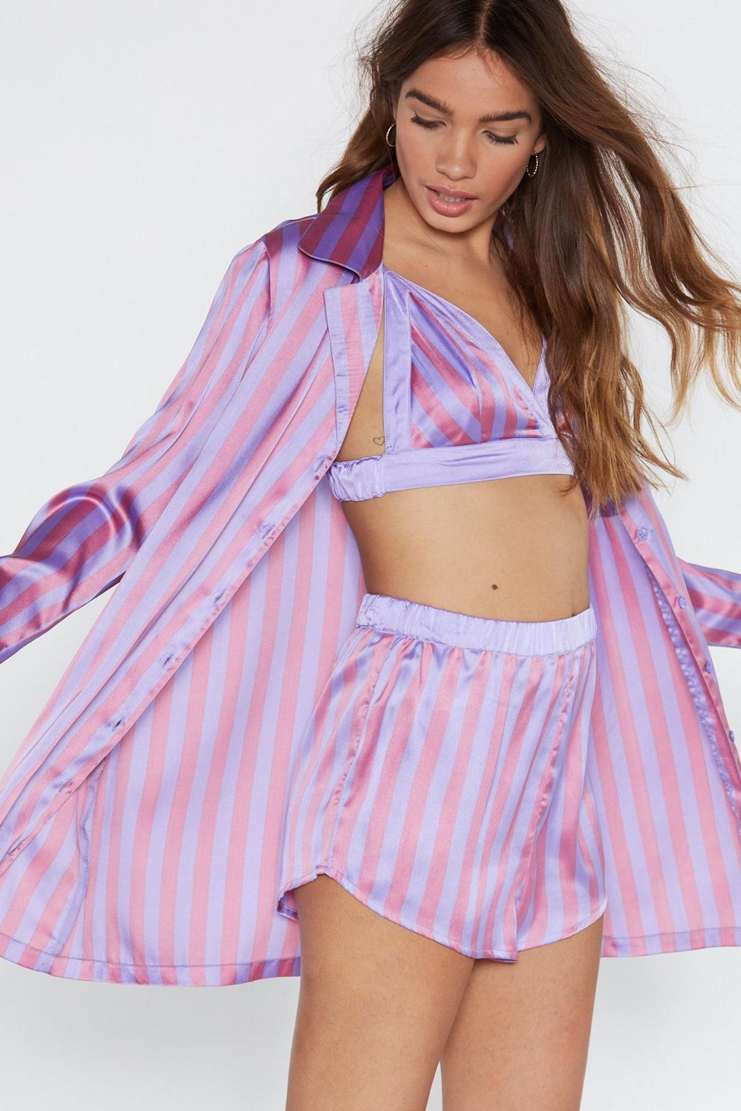 Pink Satin Striped 3 Piece Pajama Set image number 1