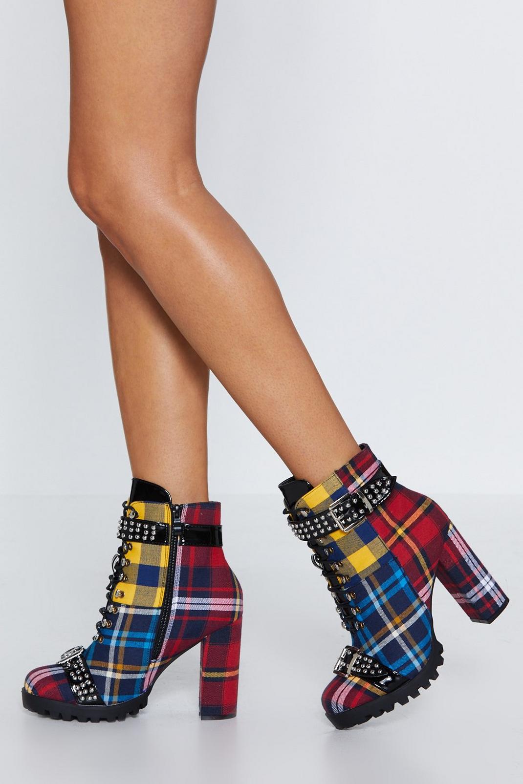 Mixed Check Block Heel Cleated Biker Boot image number 1