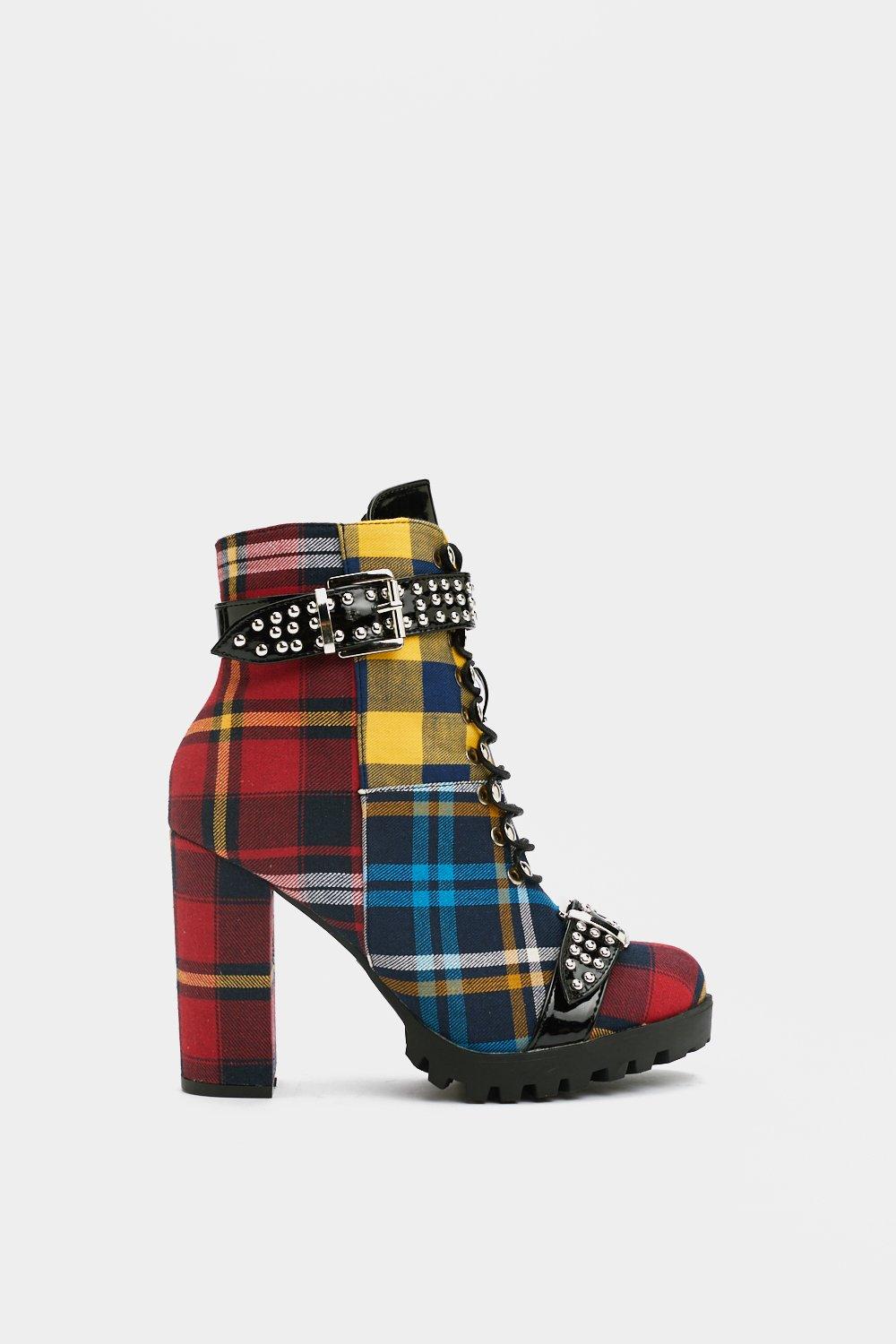 Mixed Check Block Heel Cleated Biker Boot Nasty Gal