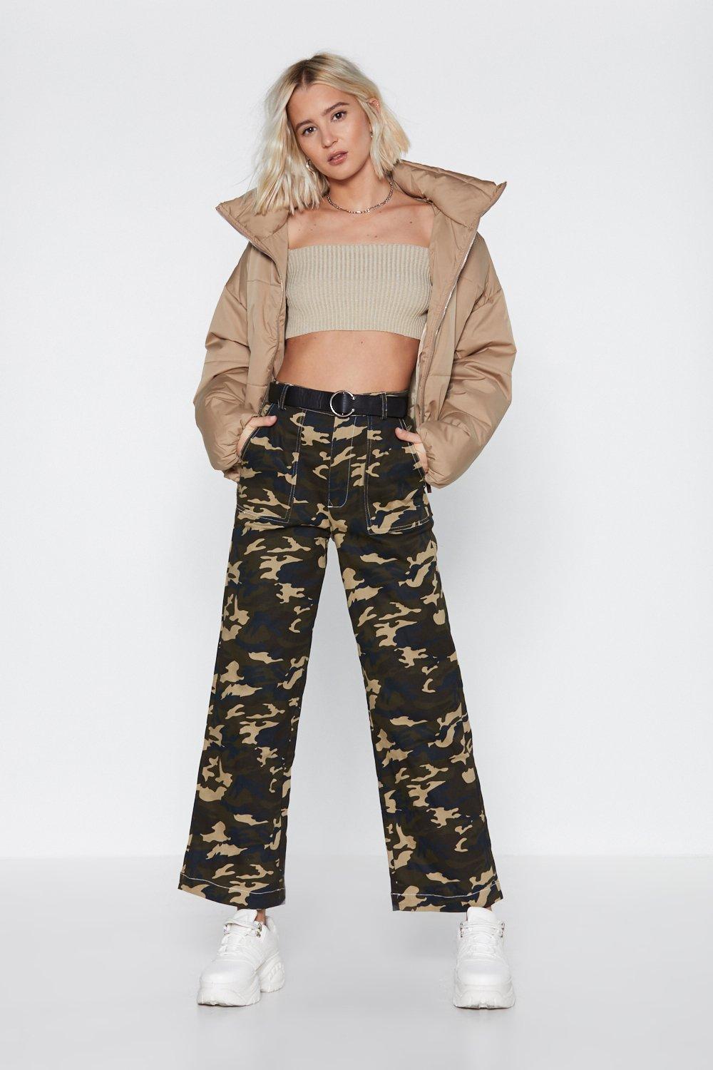 wide leg camo trousers