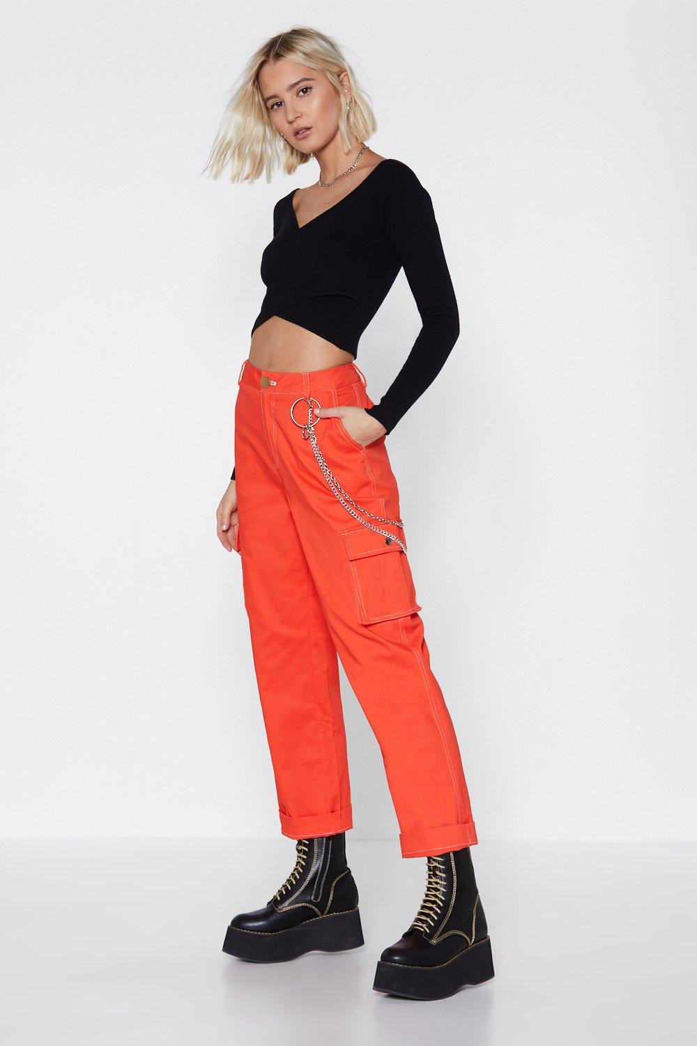 red utility pants