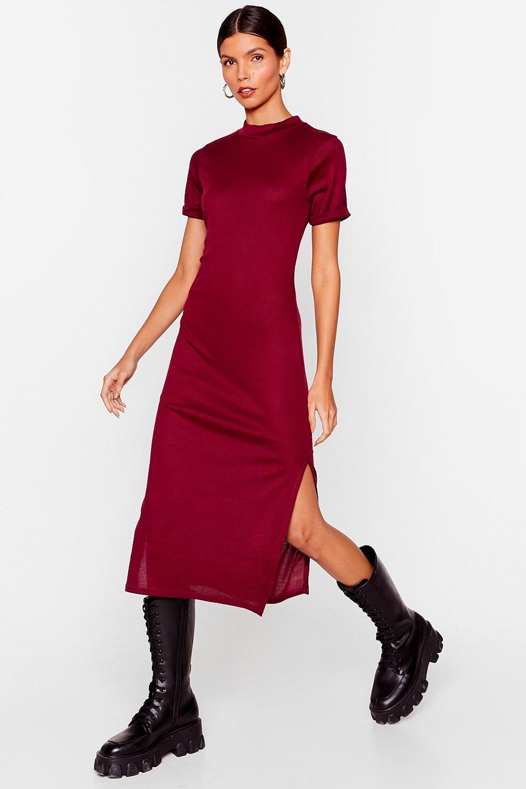 Burgundy Fitted High Neck T-Shirt Midi Dress image number 1
