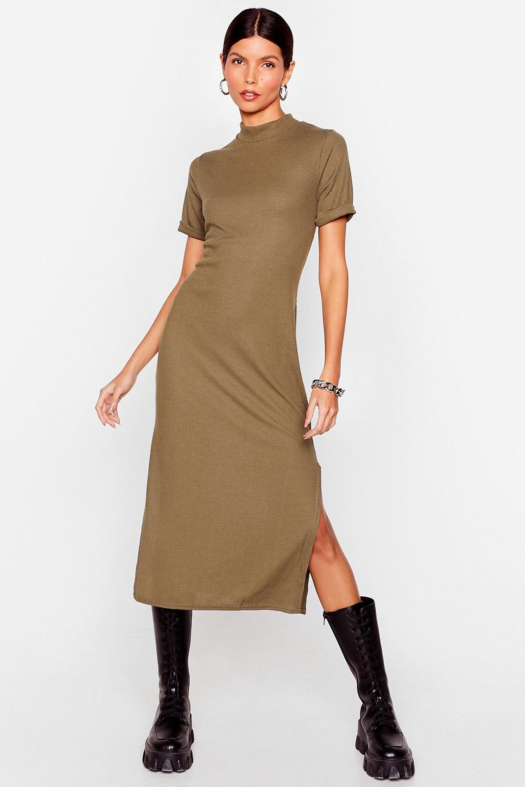 Khaki Fitted High Neck T-Shirt Midi Dress image number 1