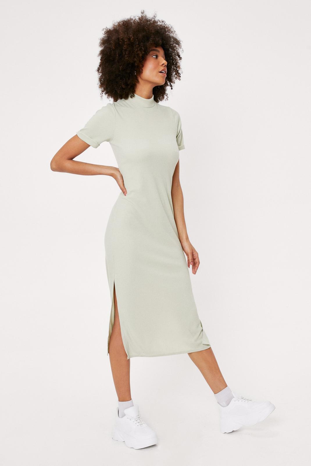Sage Fitted High Neck T-Shirt Midi Dress image number 1
