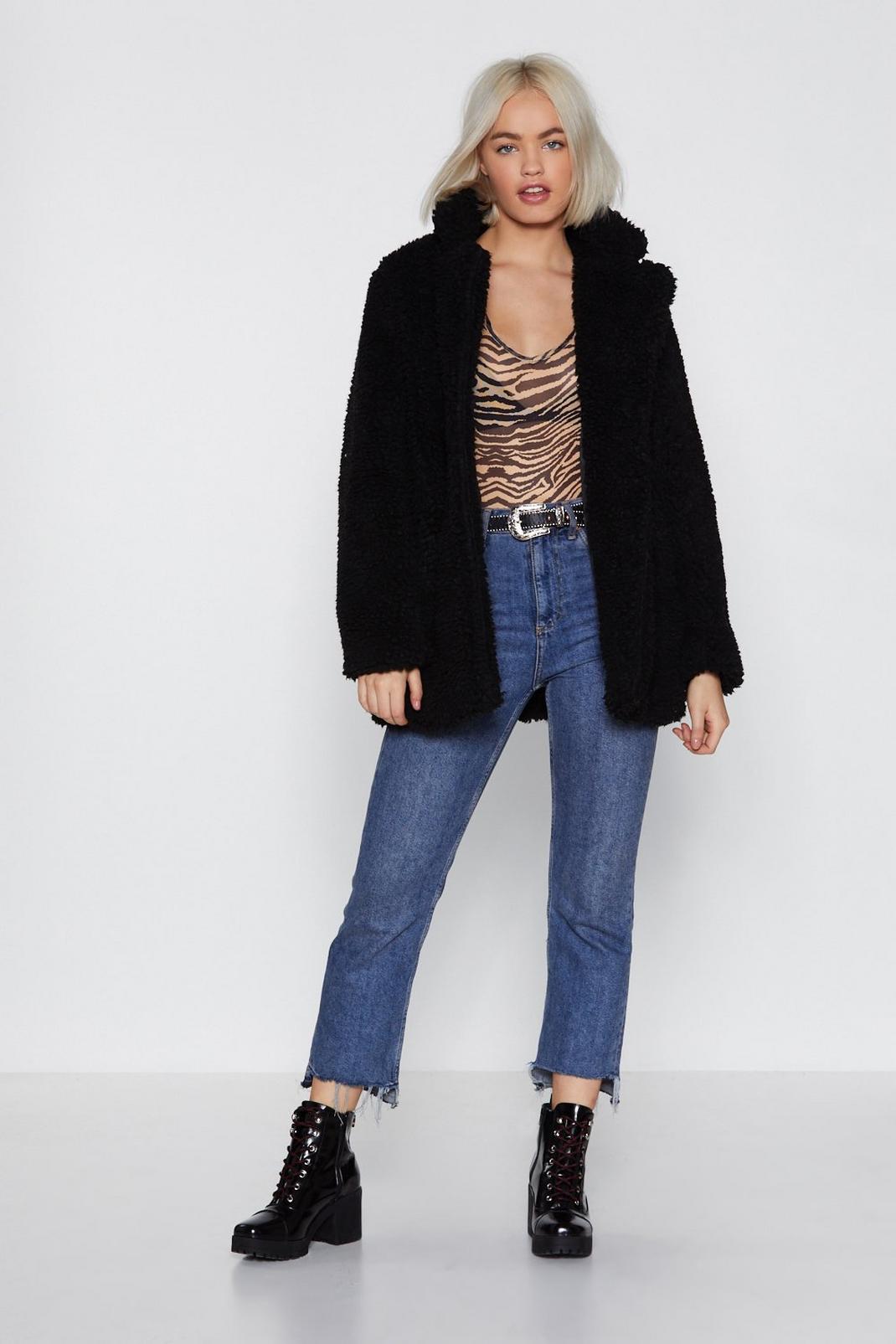 Black Relaxed Faux Shearling Button Down Jacket image number 1