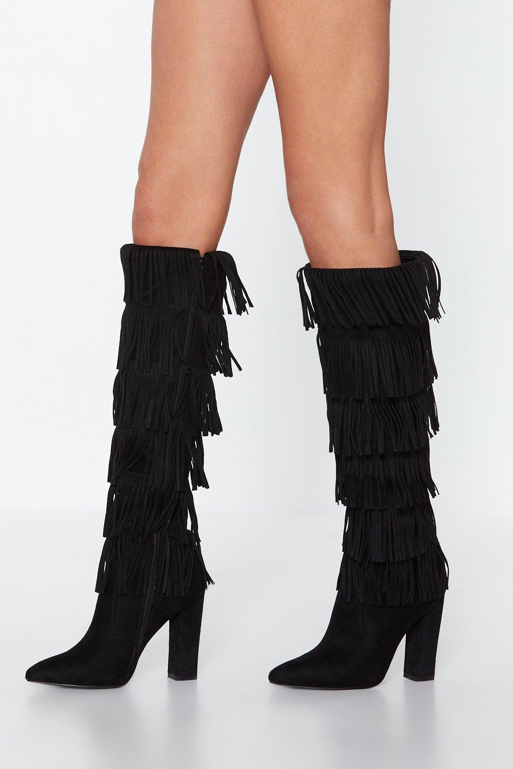 Black fringe store knee high boots