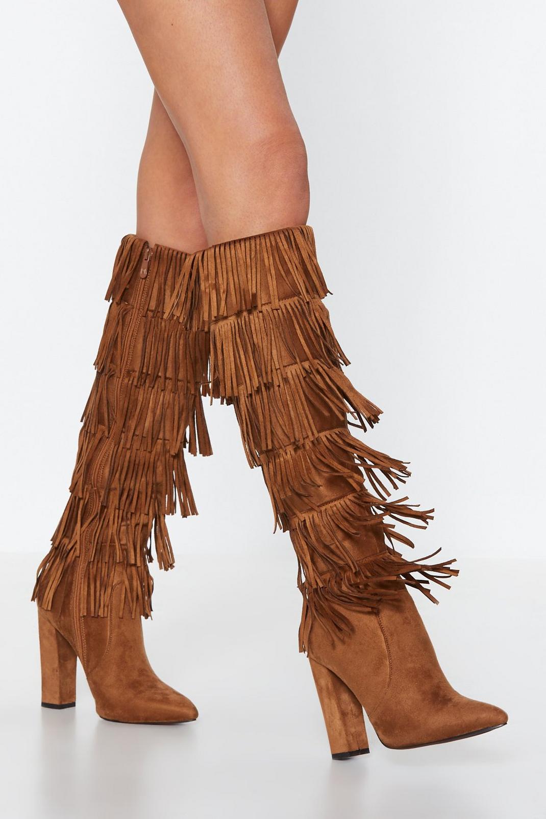 Tan Lead the Sway Fringe Knee-High Boot image number 1