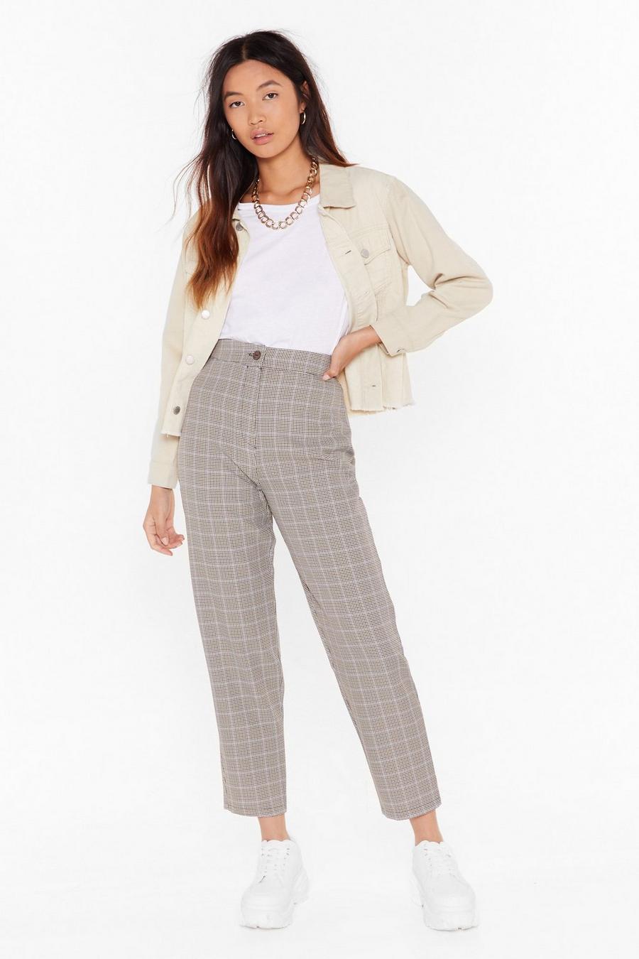 womens red check trousers