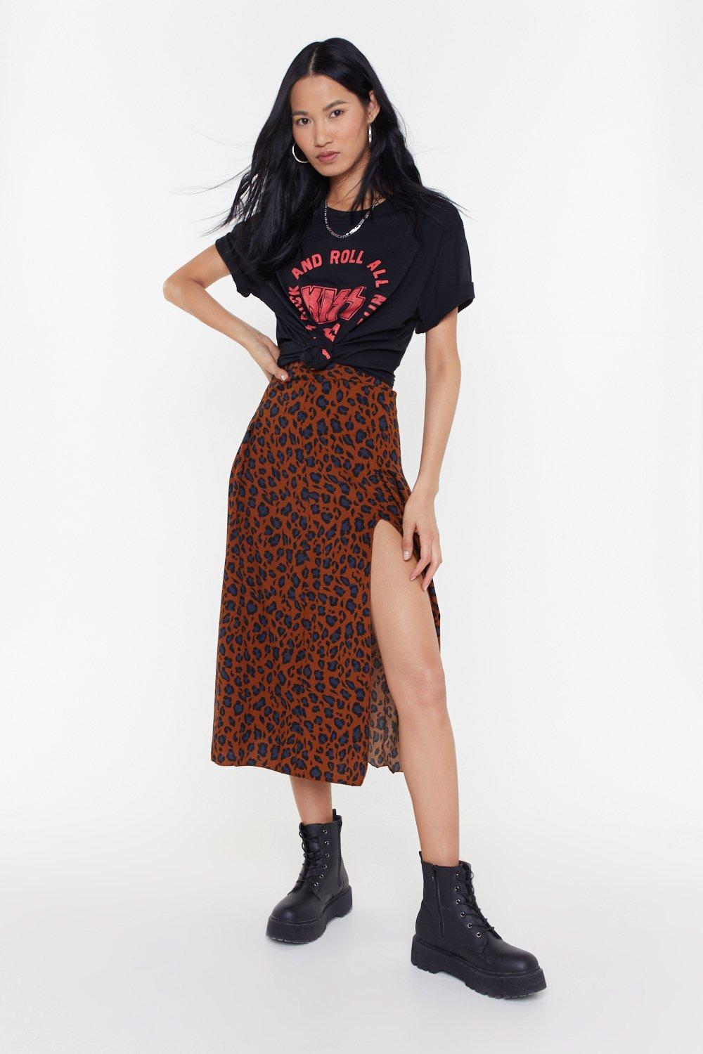 Leopard Print Double Split Midi Skirt 