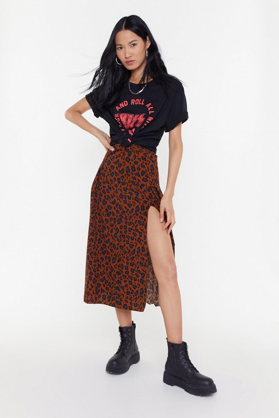 Brown Leopard Print Double Split Midi Skirt image number 1
