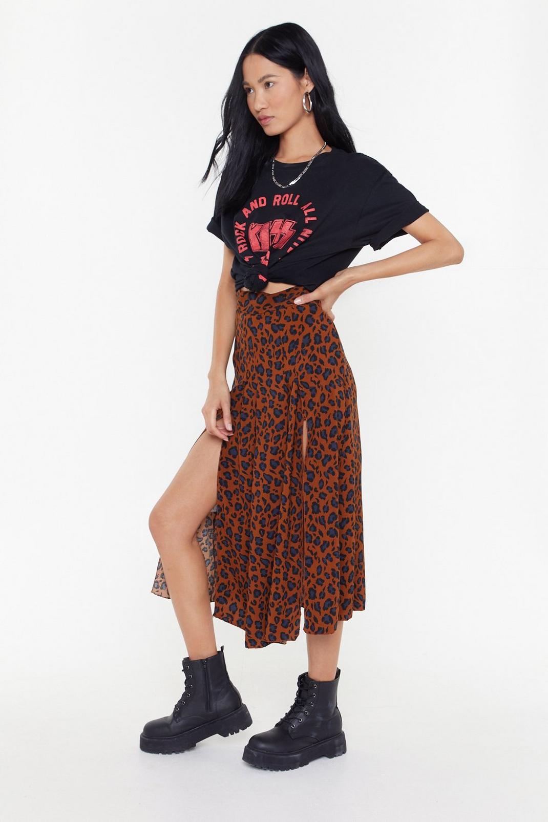 Leopard Print Double Split Midi Skirt