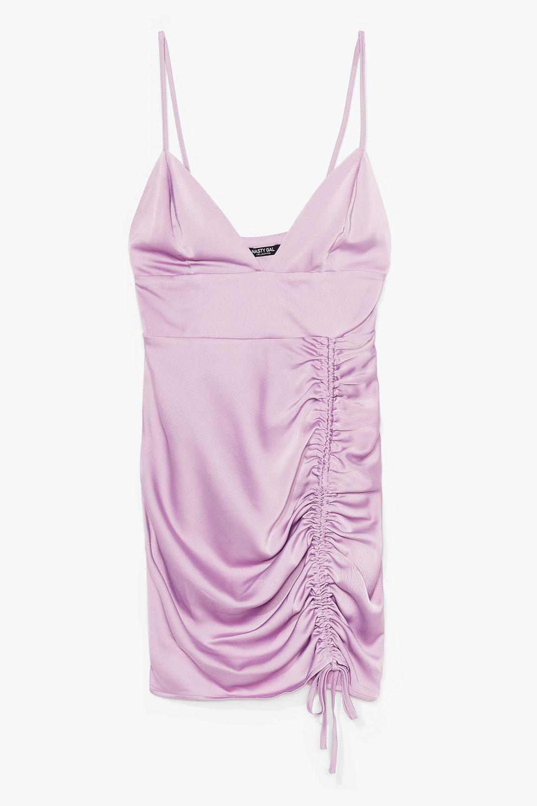 Lavender Satin Ruched Tie Bodycon Mini Dress image number 1