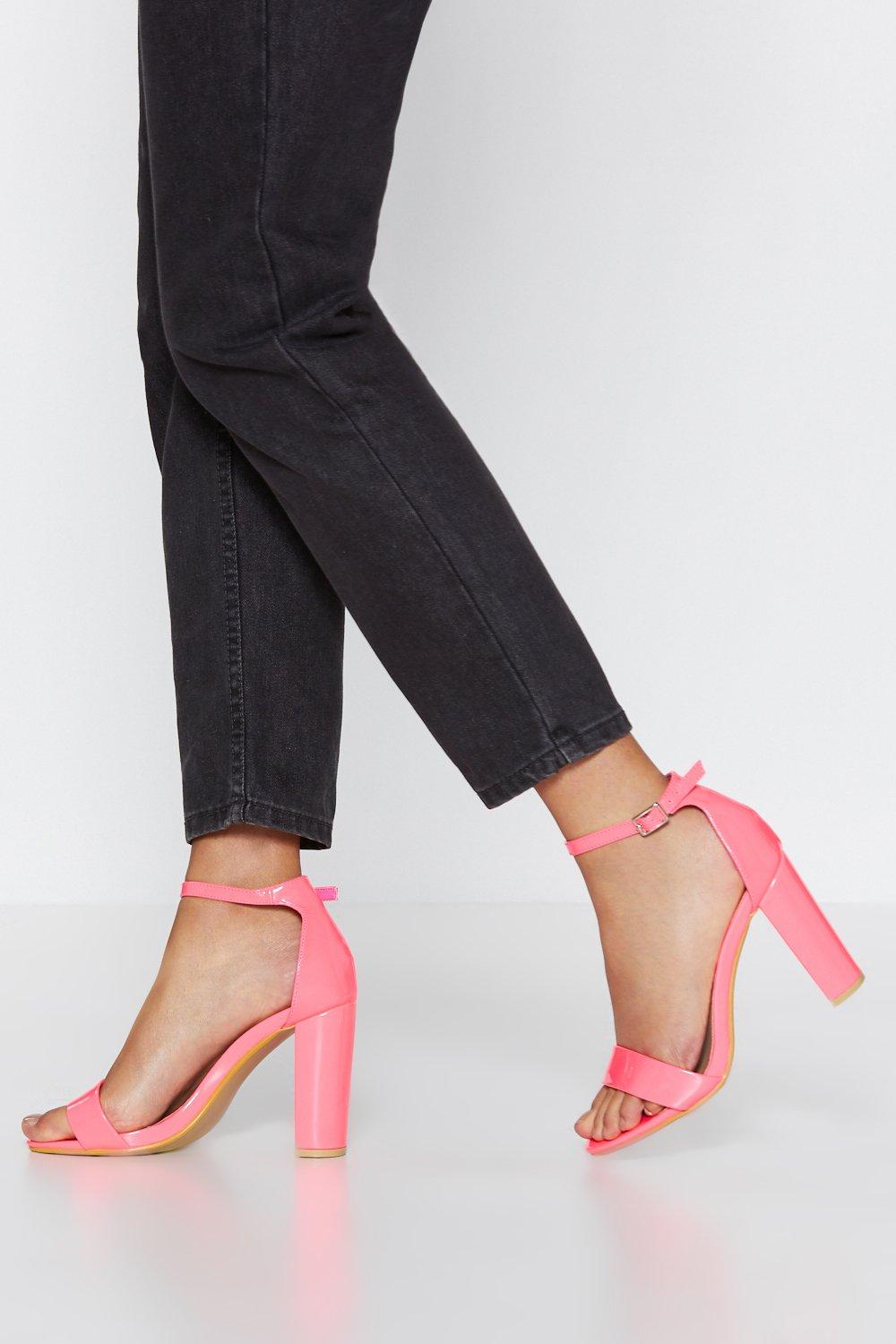 neon pink block heels