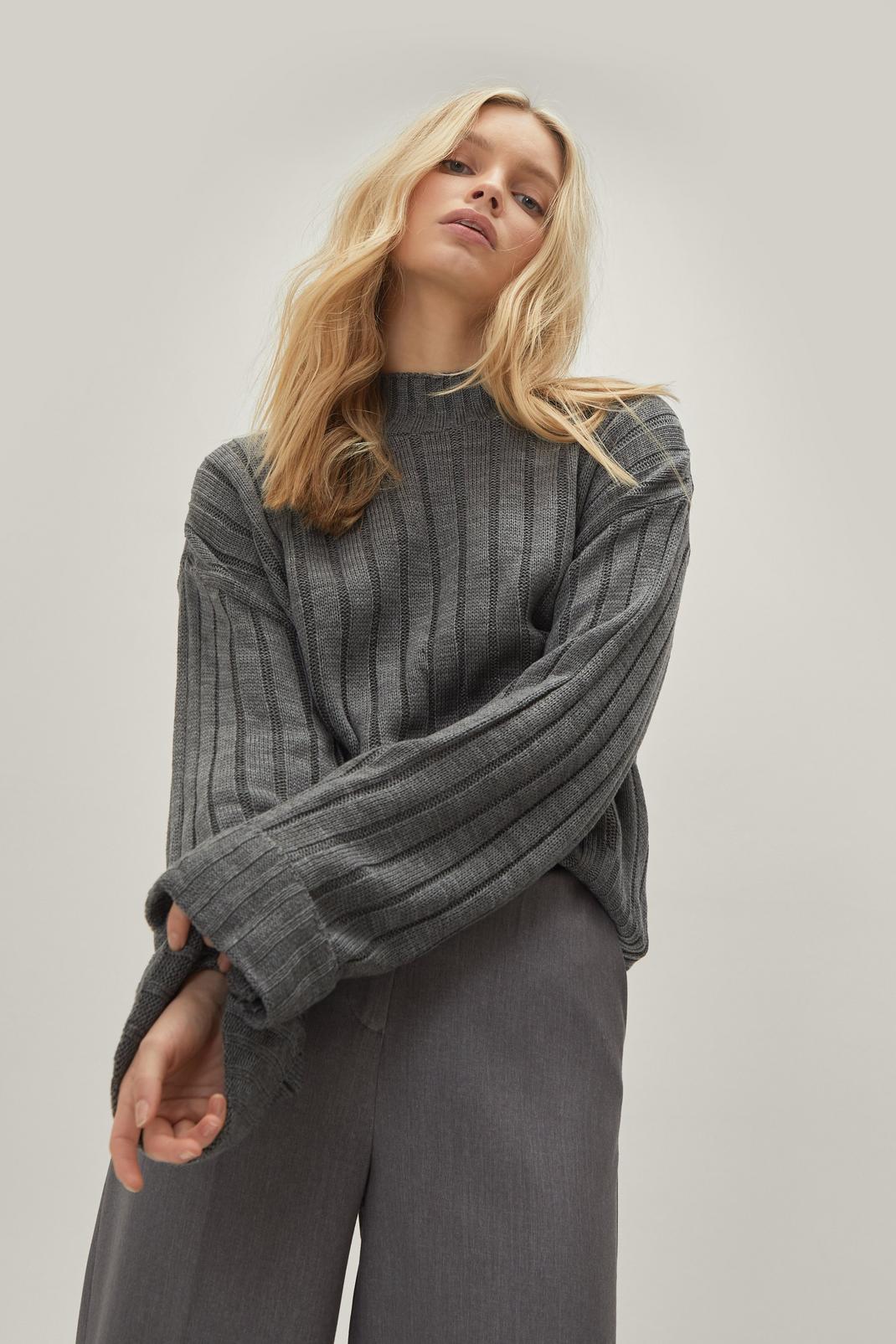 Grey Chunky Knit Wide Sleeve Jumper image number 1