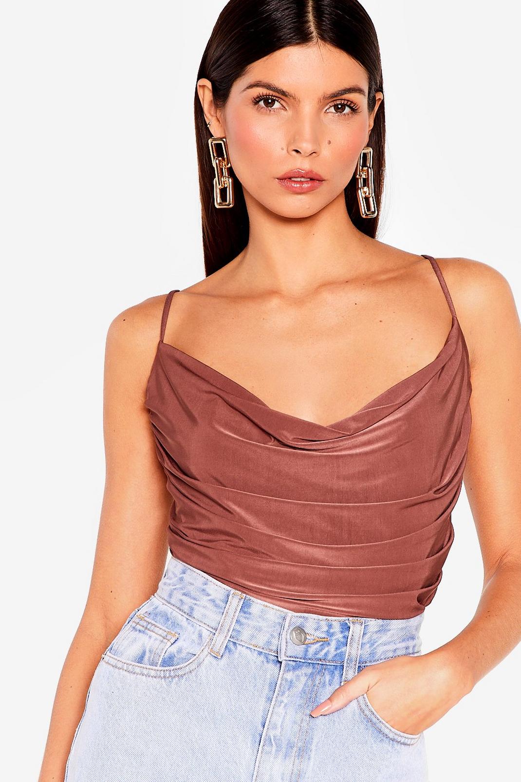 Chocolate Slinky Cowl Neck Ruched Bodysuit image number 1