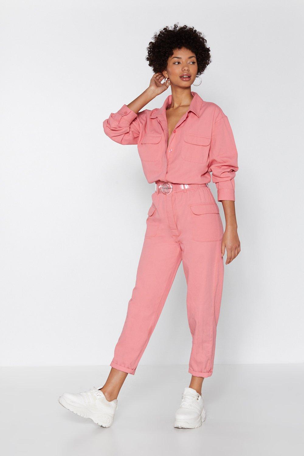 pink denim boiler suit