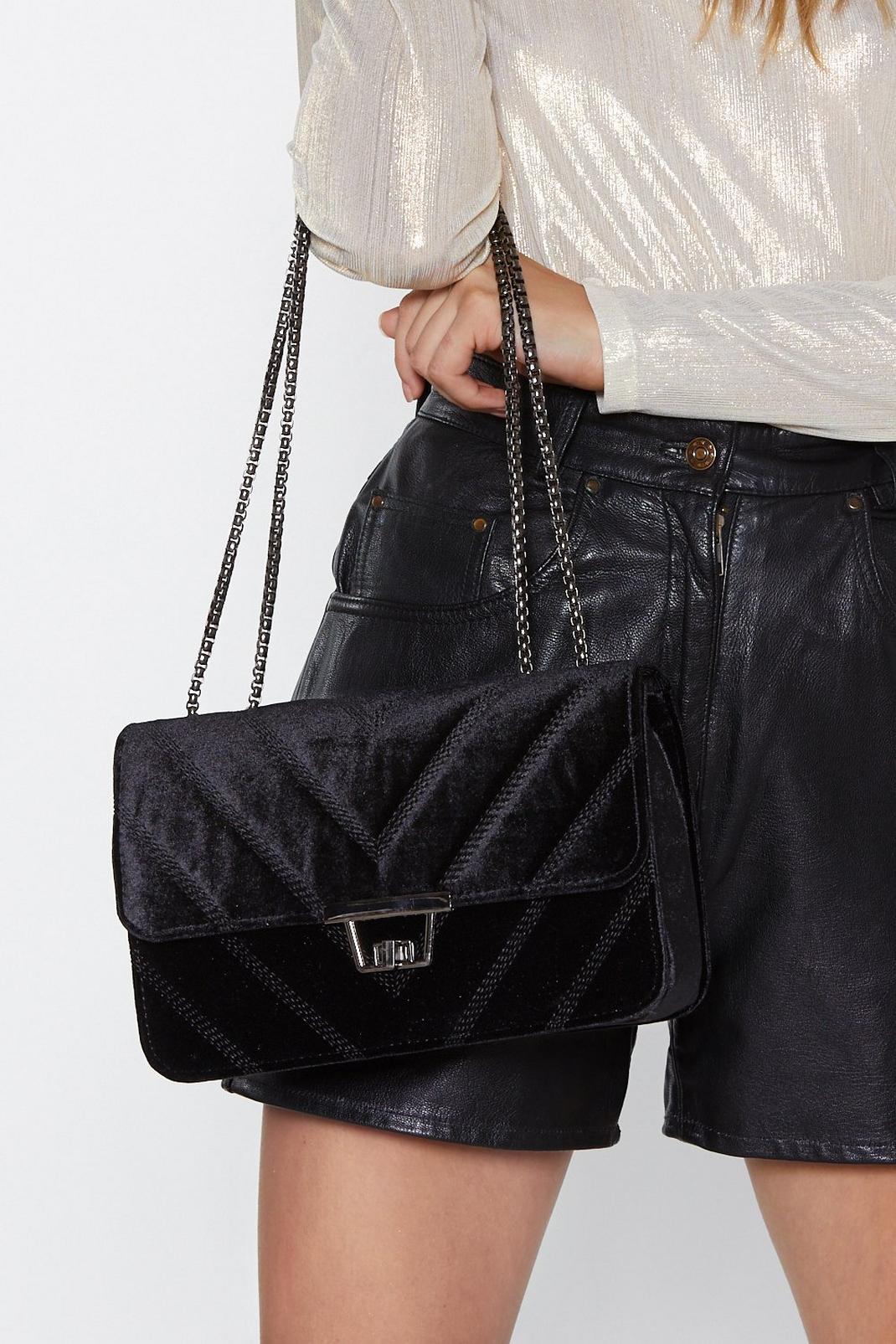 Black Velvet Quilted Structured Chain Shoulder Bag image number 1