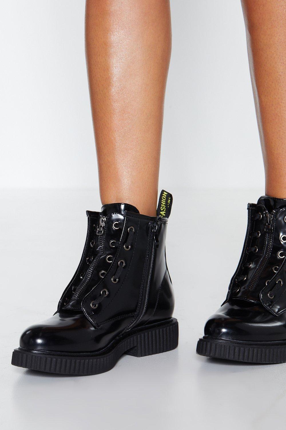 black patent boots with zip up front