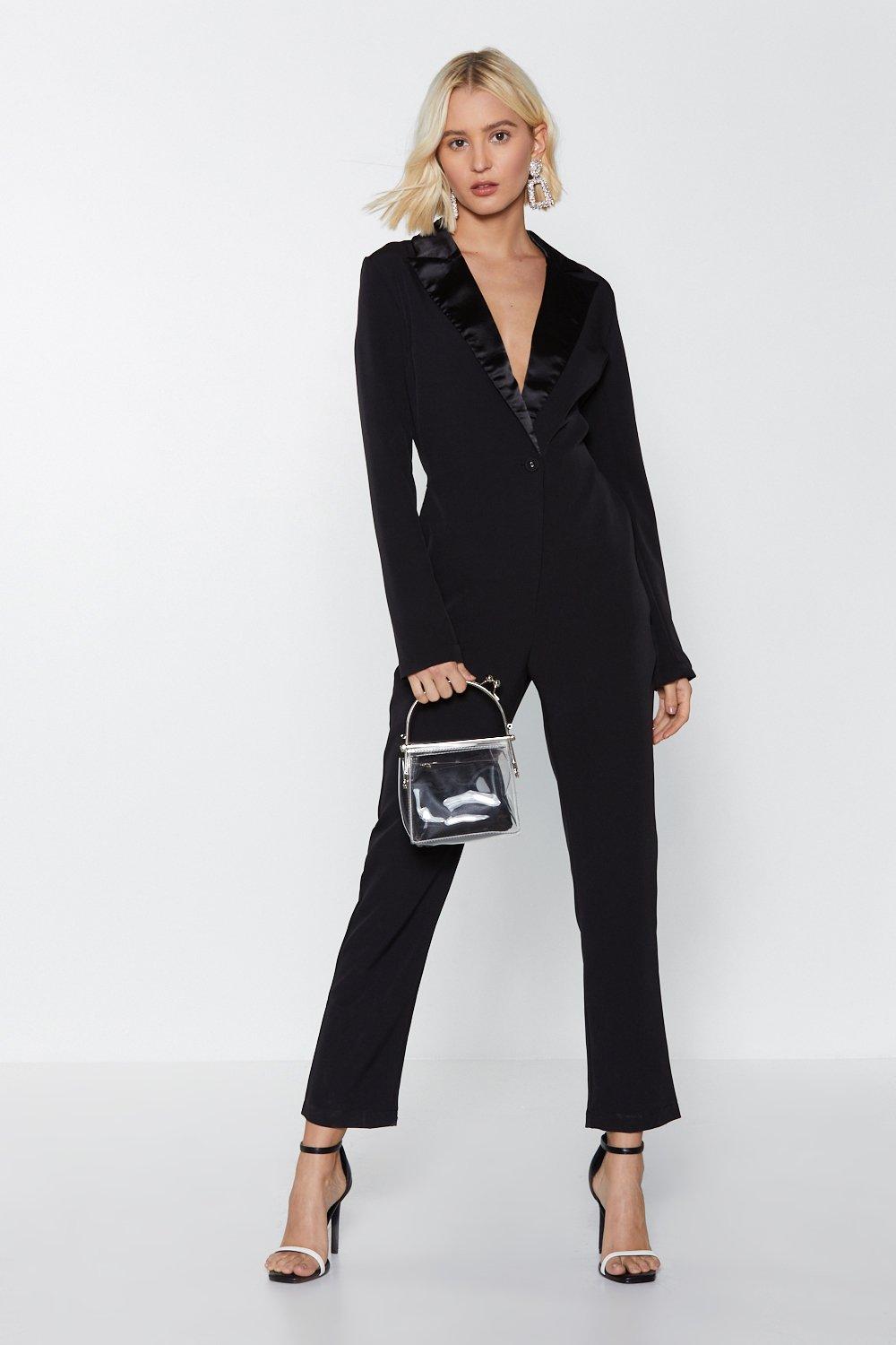 black jumpsuit with blazer