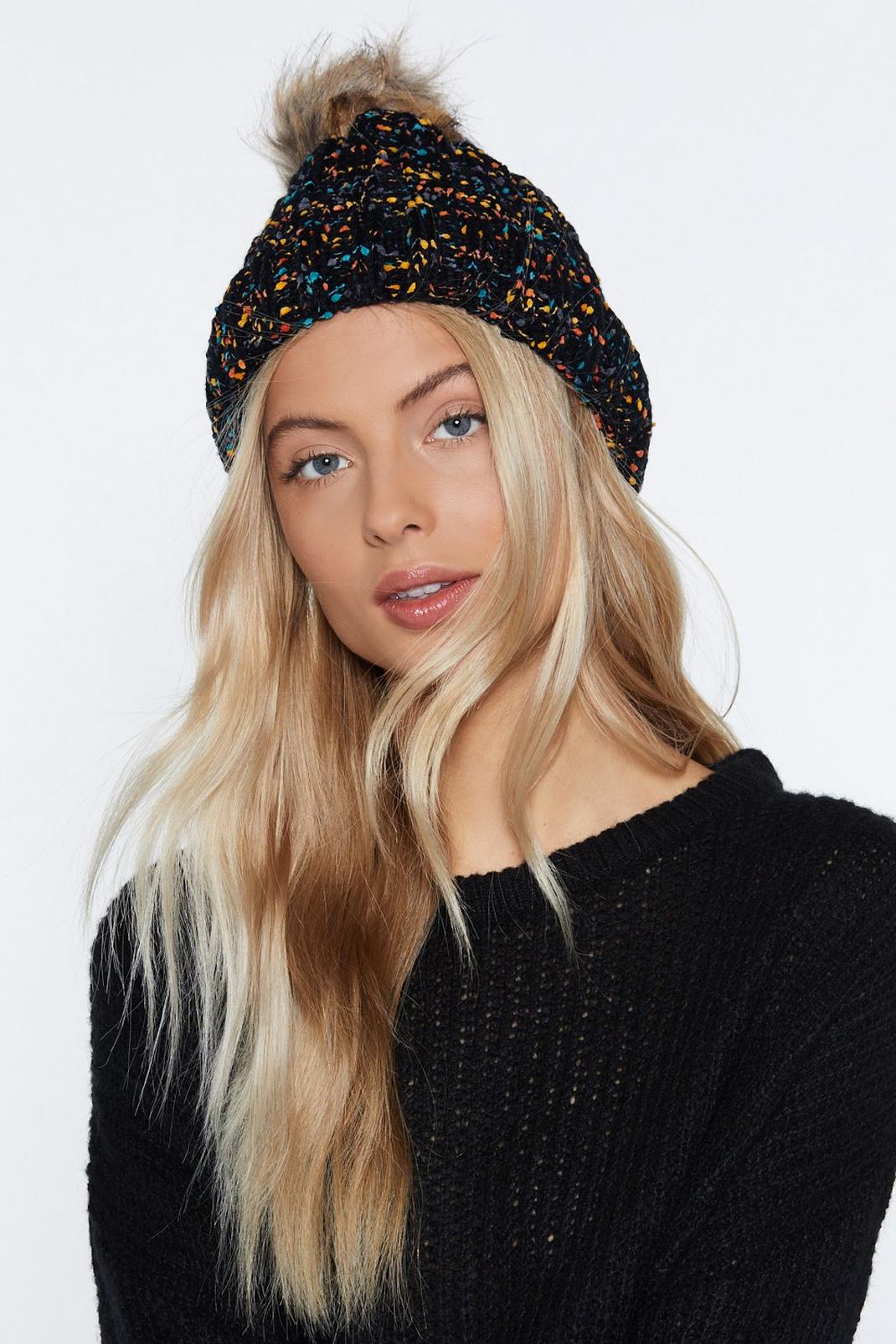 Multi Cable Knit Beanie With Faux Fur Pom image number 1