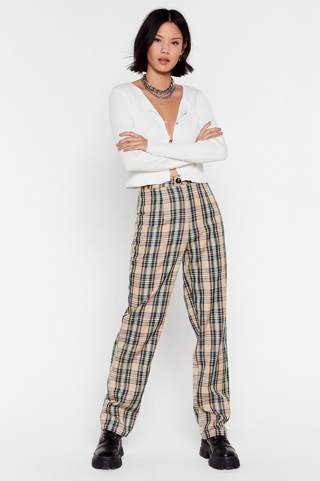 Beige High-Waisted Pants with Check Print image number 1