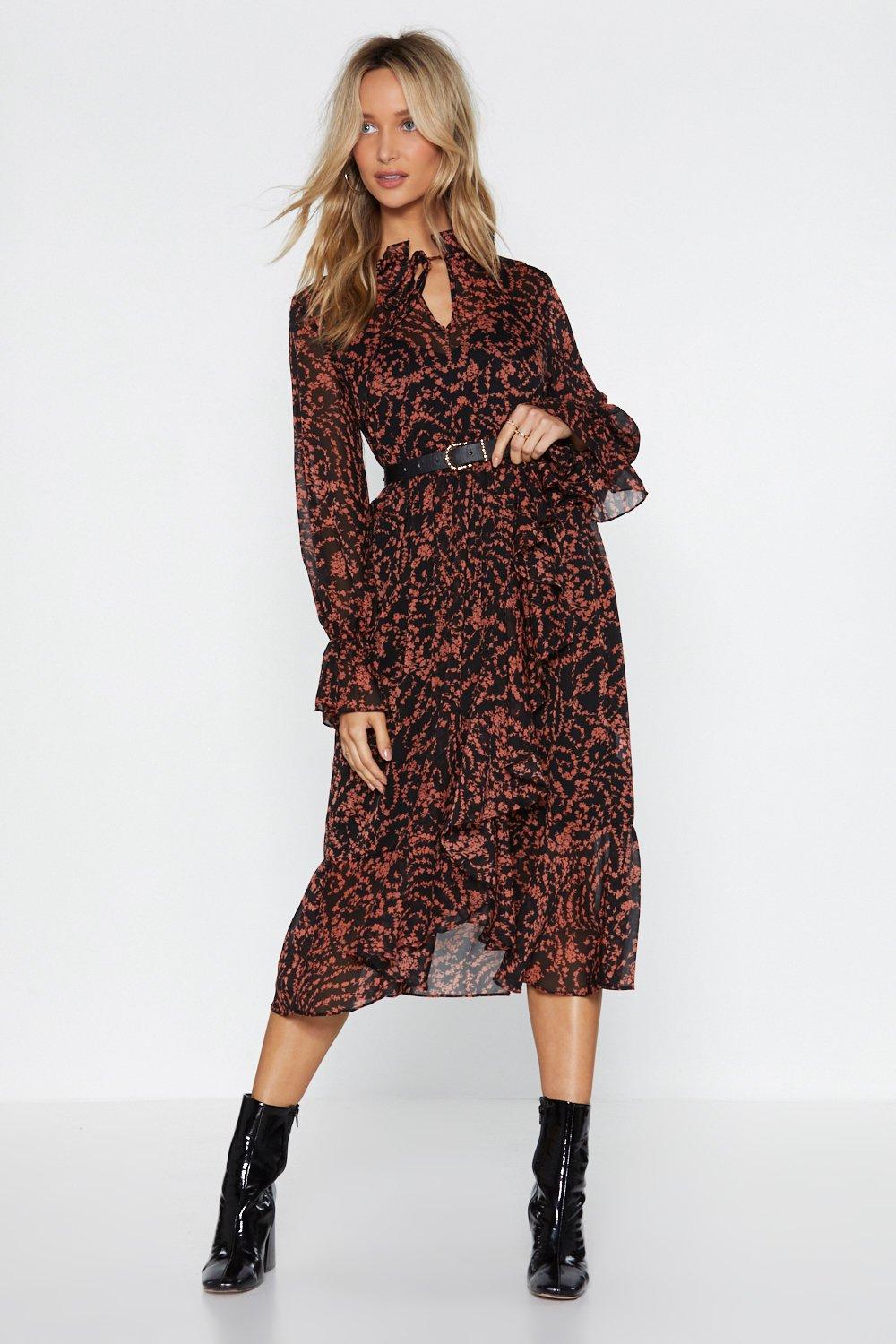 high neck ruffle midi dress