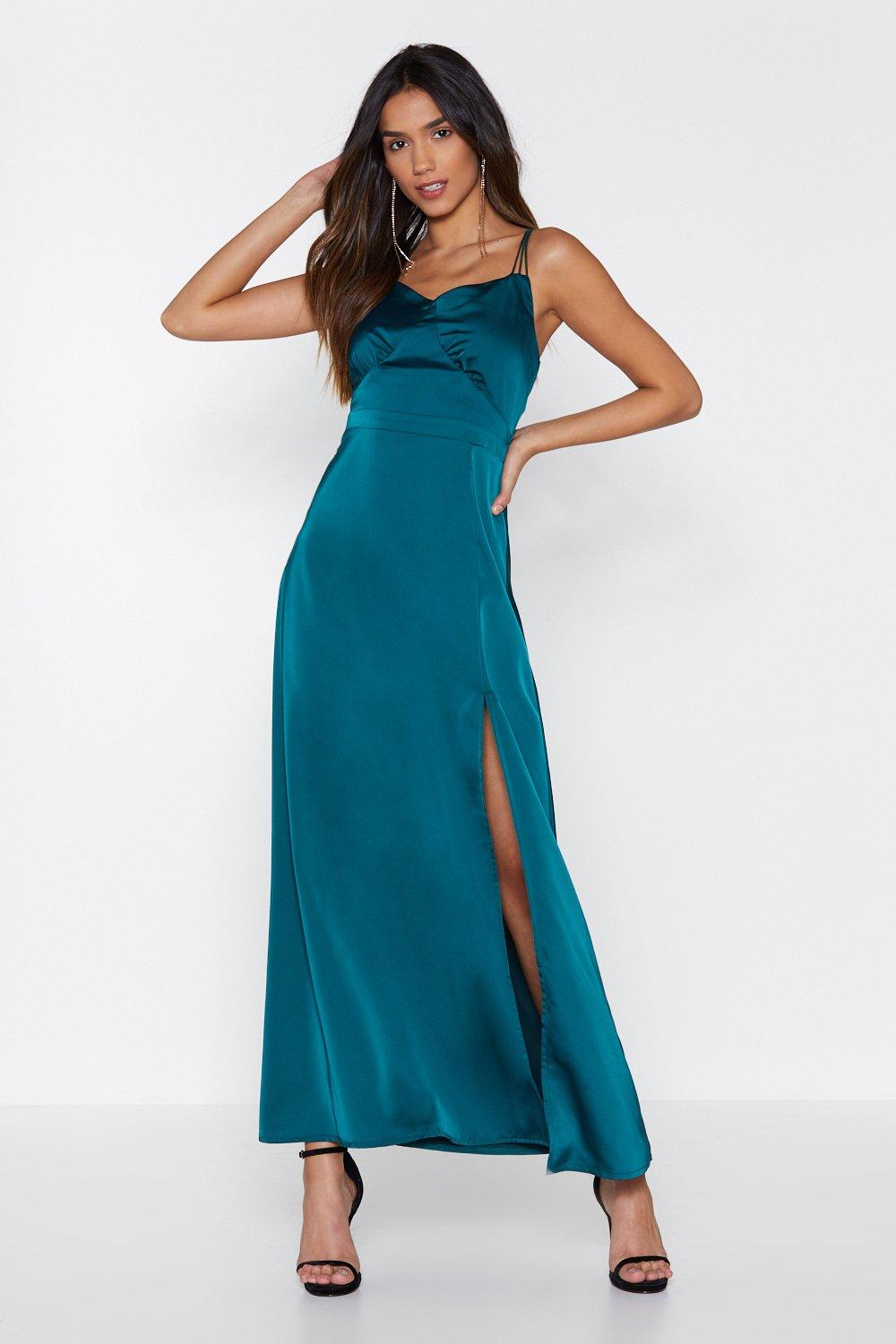 teal satin gown