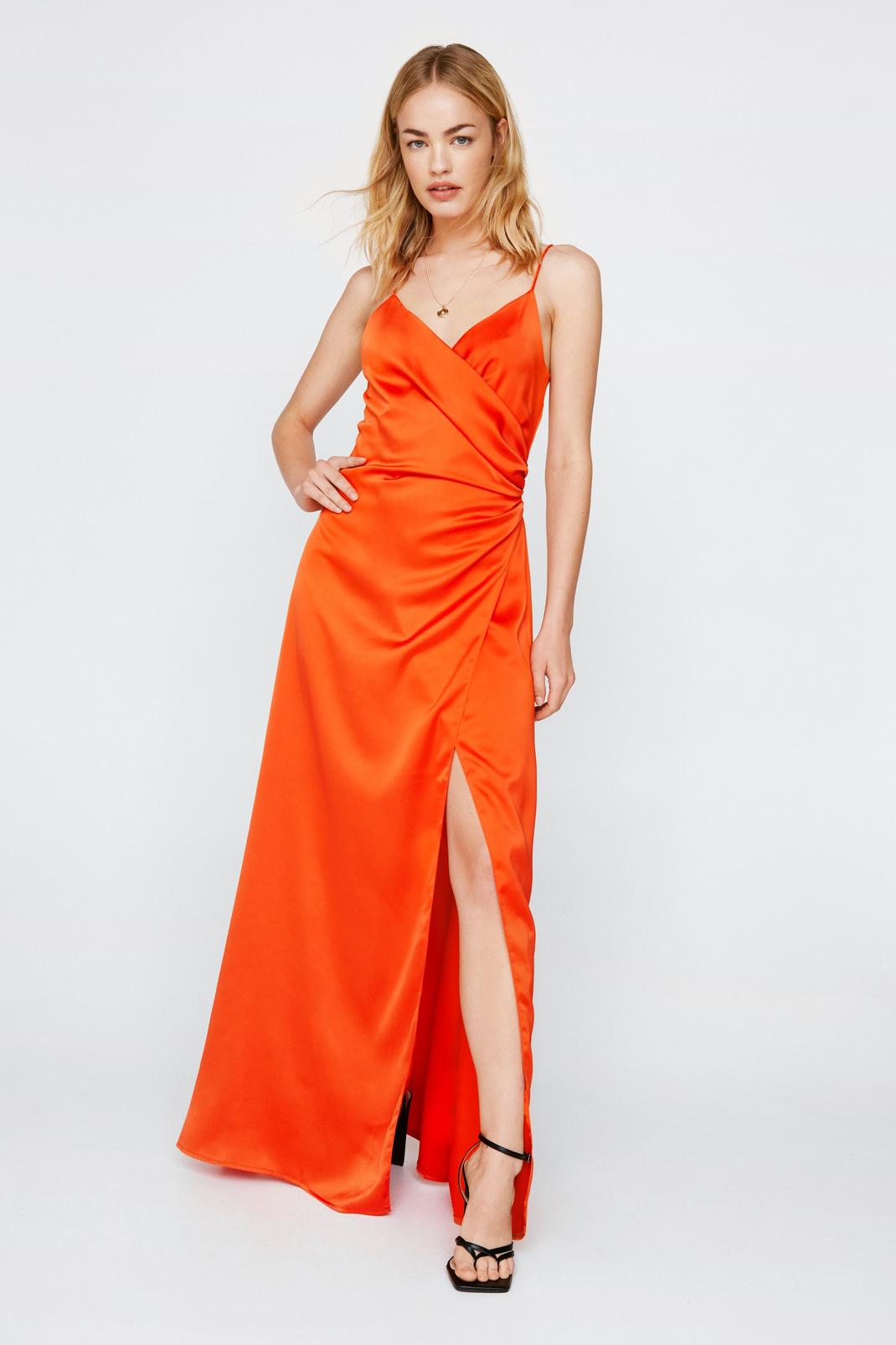 Orange Satin V Neck Slit Maxi Dress image number 1