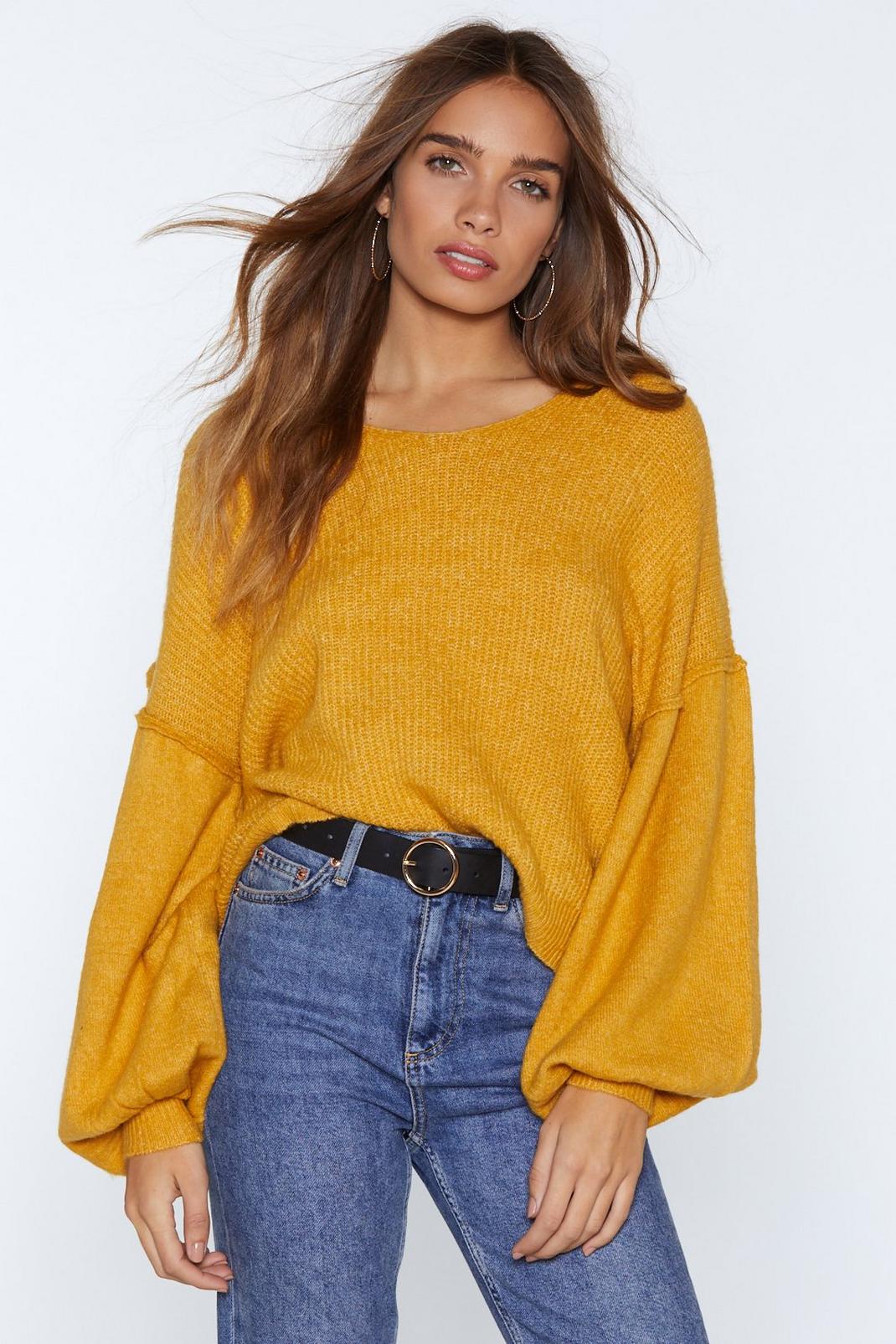 Mustard Balloon Sleeve Knitted Sweater image number 1