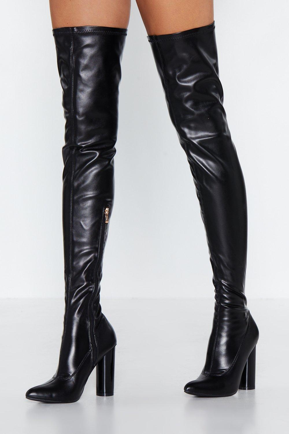 black latex thigh high boots