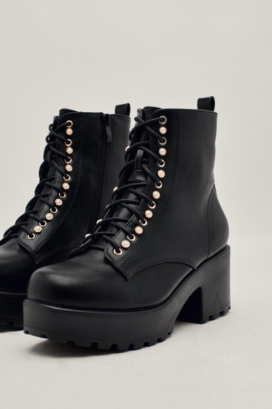 Black Lace Up Heeled Chunky Boots image number 1