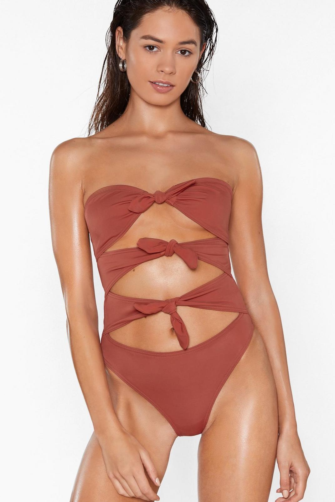 Brown Tie Front Cut Out Swimsuit image number 1