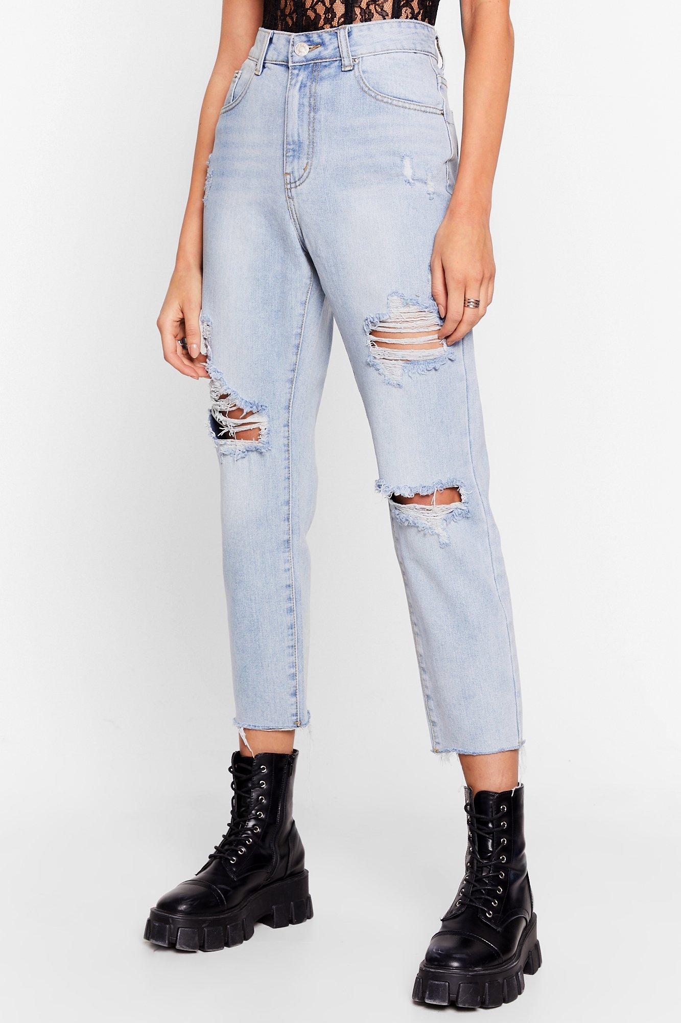 mid wash distressed mom jeans