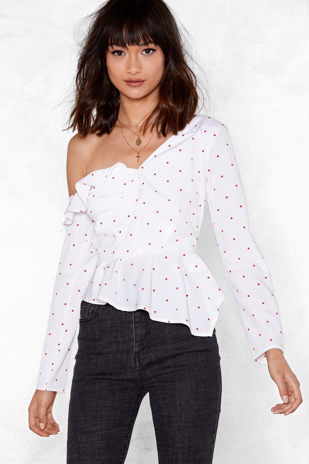 Polka Dot One Shoulder Ruffle Blouse 